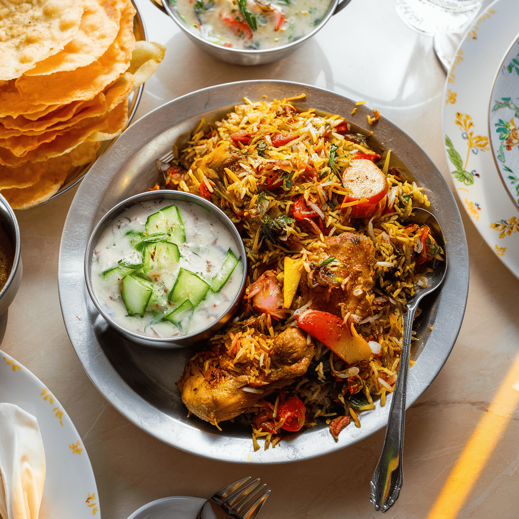 Chicken biryani, Cucumber Raita, Papadum