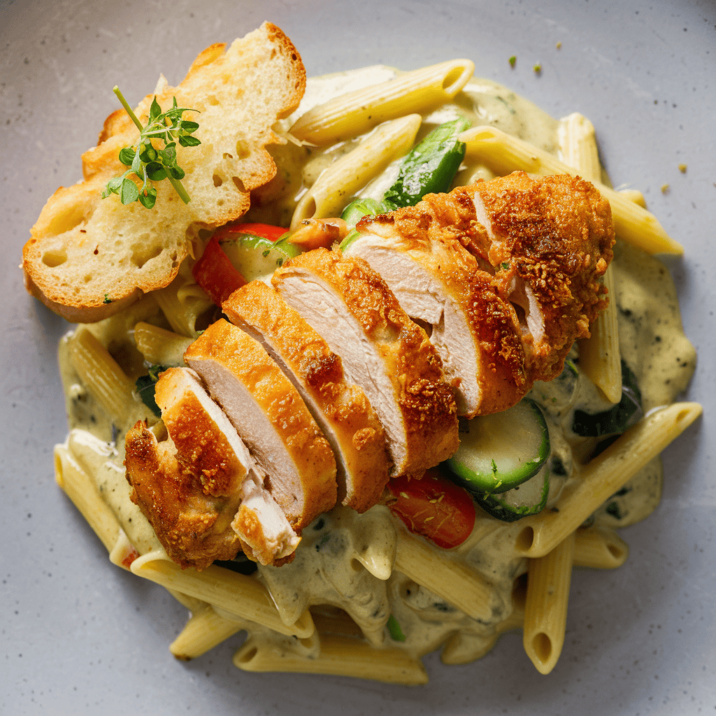 CrispyChicken and vegetable alfredo with herb garlic penne and sliced garlic bread