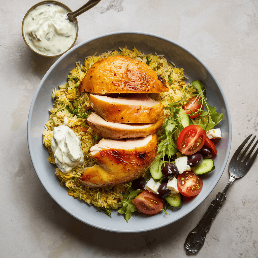 Greek style roasted chicken, Greek lemon rice, Greek salad, Tzatziki Sauce