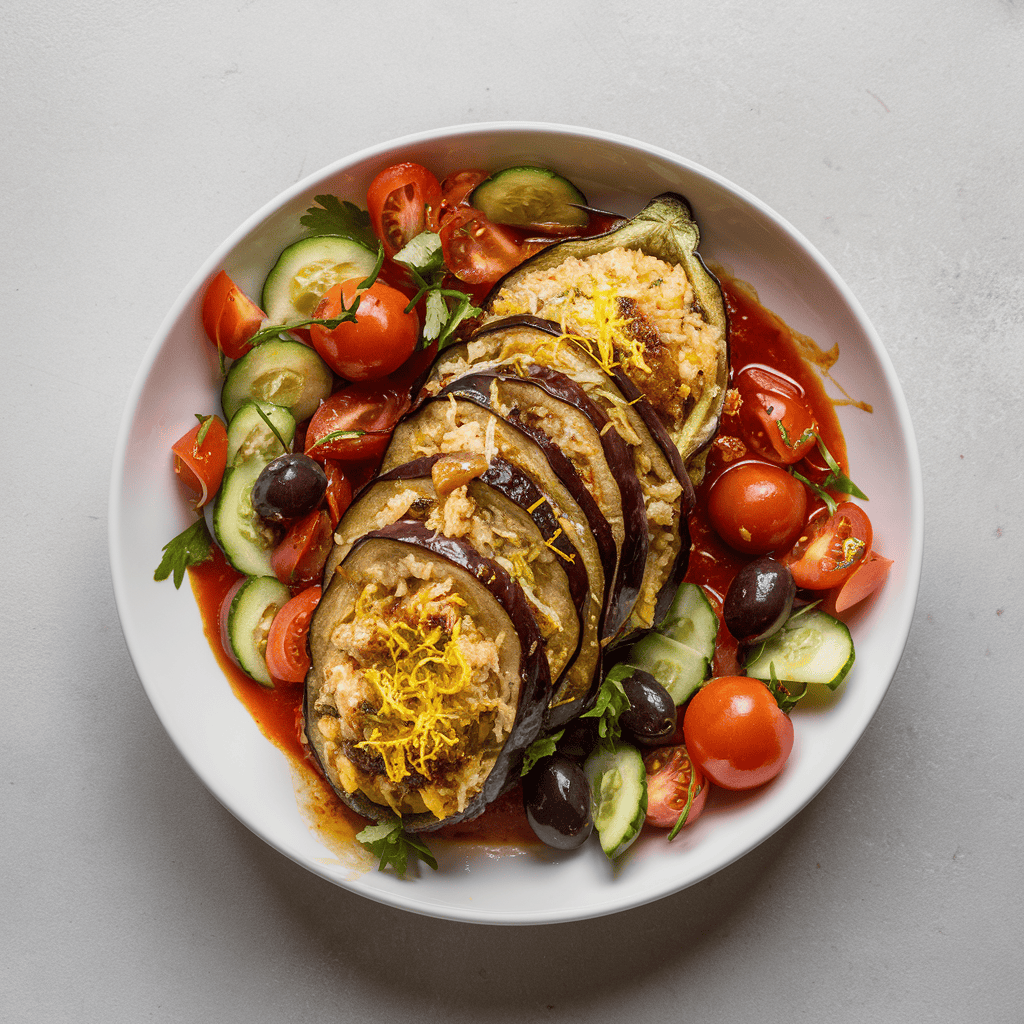 Greek style stuffed baked egg plant , Greek lemon rice, Greek salad, Tomato Sauce