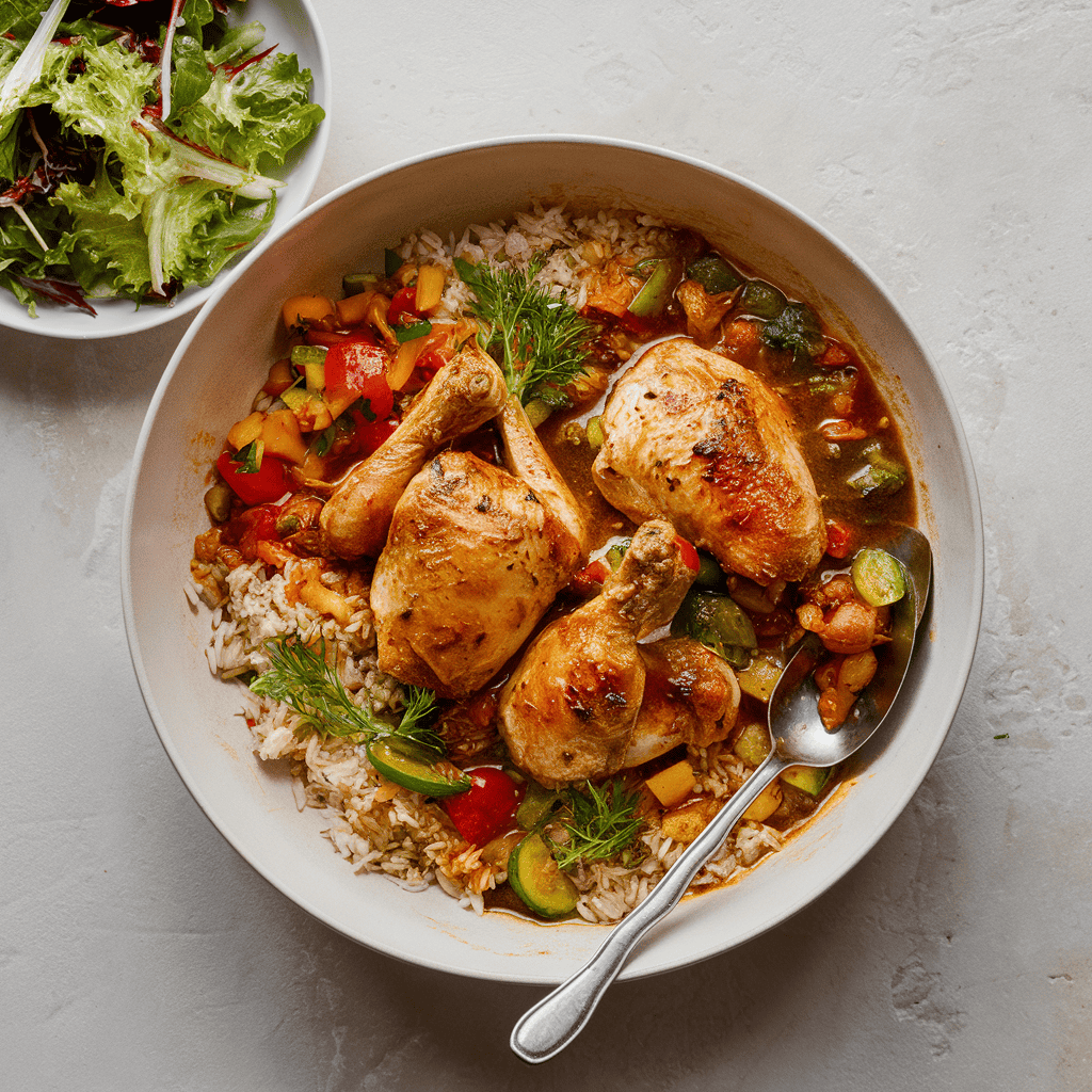 Mediterranean Chicken Stew with Vegetable Rice Skillet & Salad