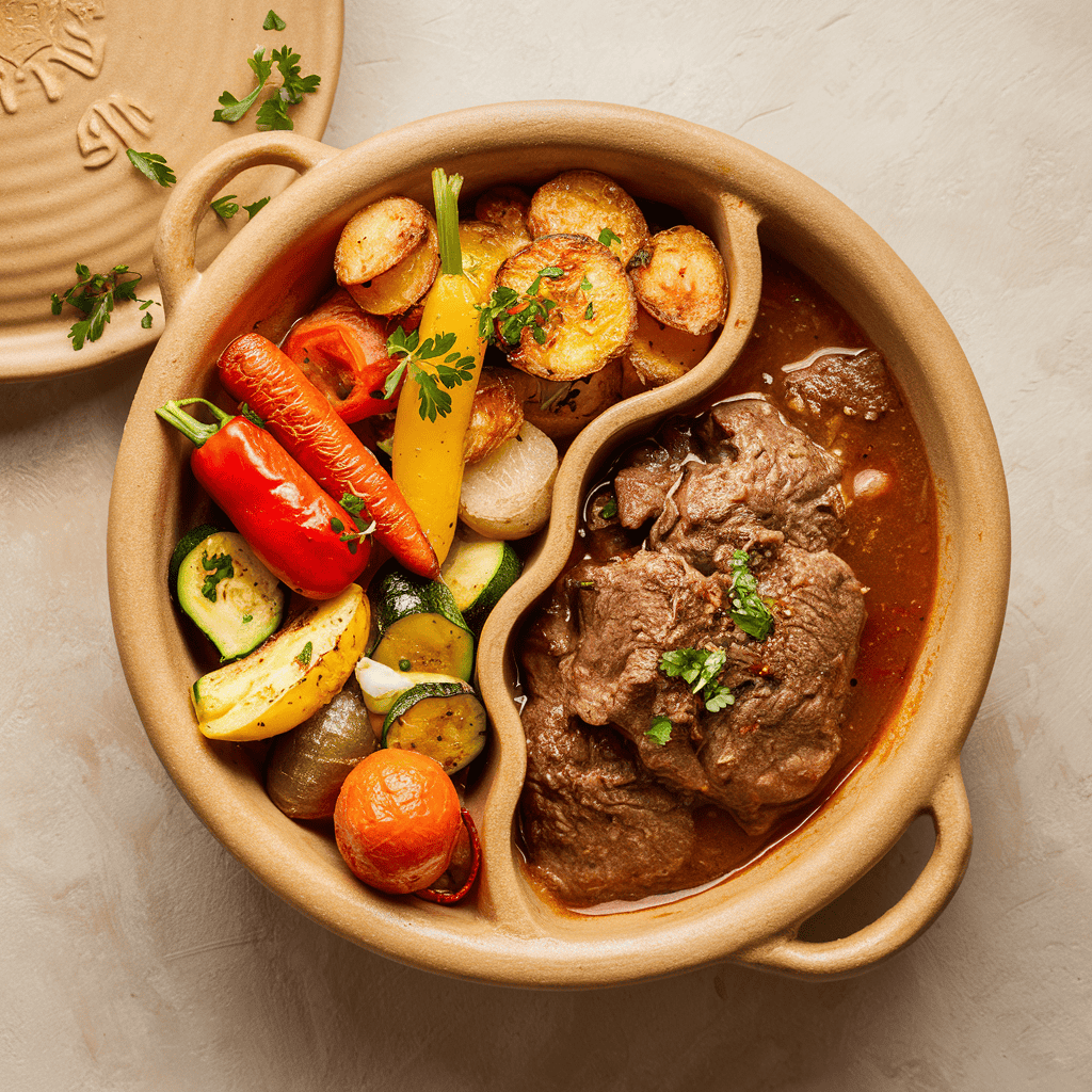 Moroccan Beef Stew, Roasted Vegetables, Roasted Potatoes