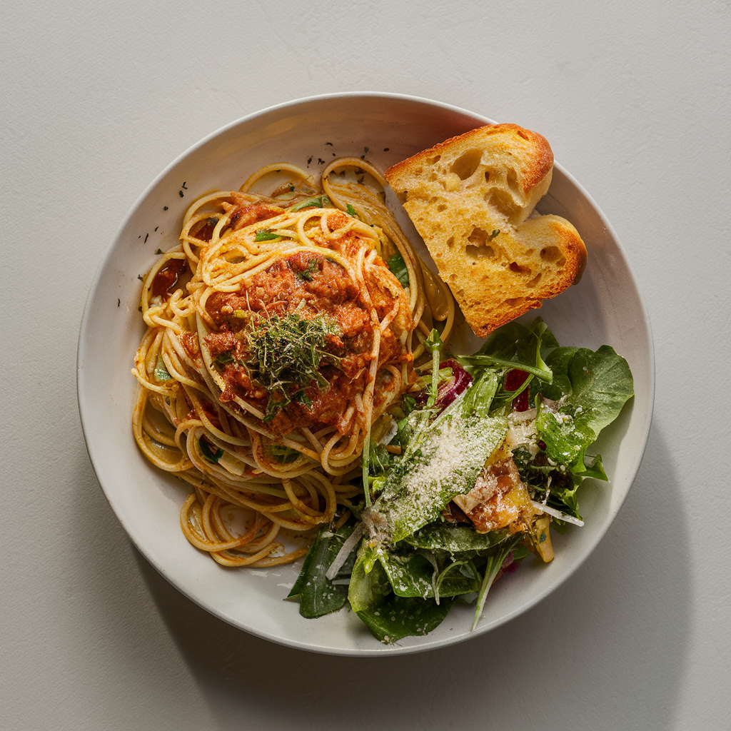 Spaghetti Veggie Bolognese, Garlic Bread and Artisan green with lemon vinaigrette