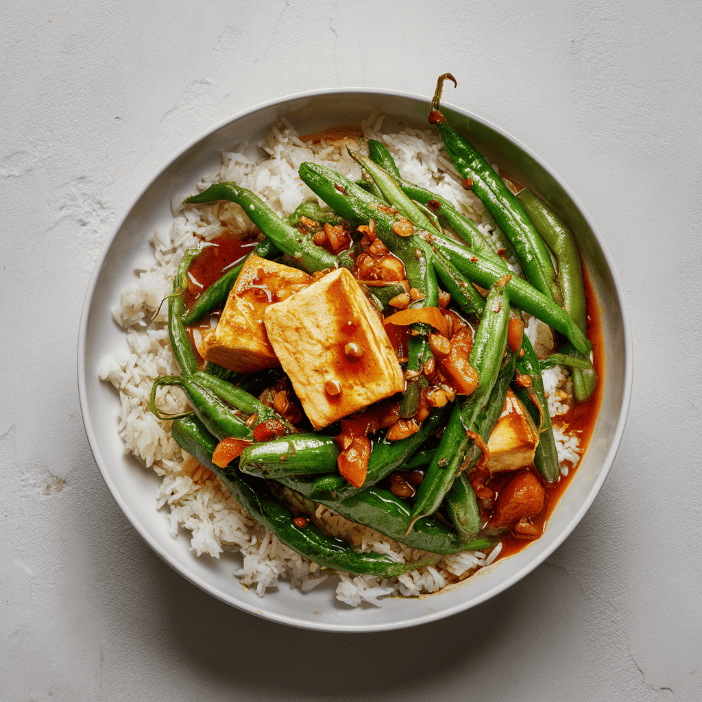 String Bean & Tofu Adobo with Rice and Vegetables