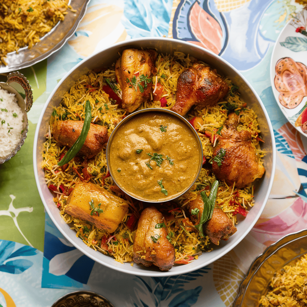 Tandoori Chicken & Veg, Vegetable pulao, Korma gravy.