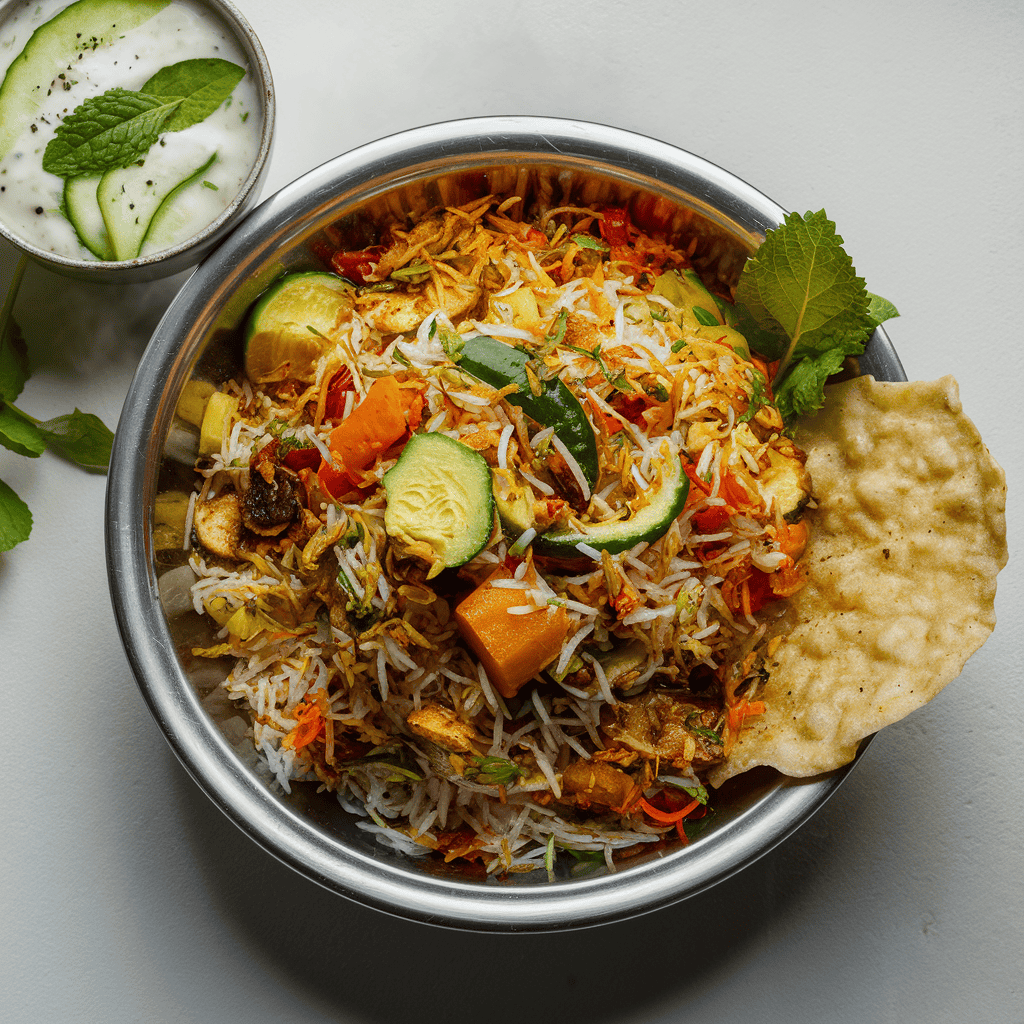 Veg biryani, Cucumber Raita, Papadum