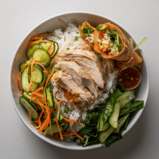 Asian Rice Bowl with Chicken, Asian Cucumber Salad, Spring Roll 