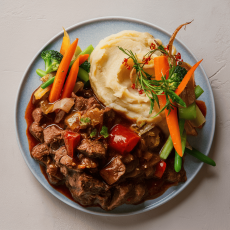 Beef Bourguignon with Mash Potatoes and Steamed Seasonal Vegetables 