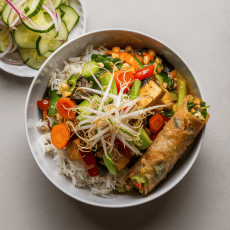 Mixed Vegetable & Tofu Bowl, Asian Cucumber Salad, Spring Roll 