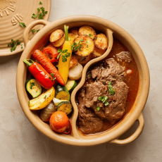 Moroccan Beef Stew, Roasted Vegetables, Roasted Potatoes 